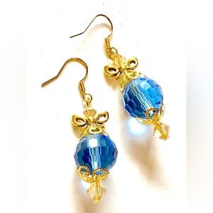 Christmas Victorian Style Blue Faceted Crystal Gold Bow Knot Ornament Earrings